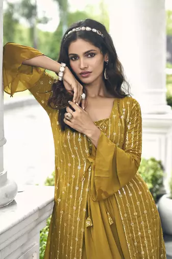 Yellow Color sequin Embroidered Georgette Palazzo Salwar Suit Stitched 42 size 