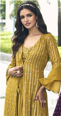Yellow Color sequin Embroidered Georgette Palazzo Salwar Suit Stitched 42 size  4