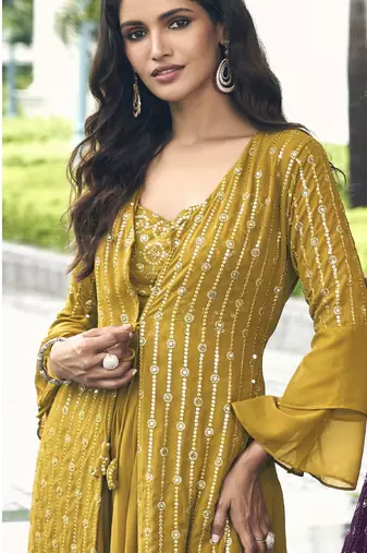 Yellow Color sequin Embroidered Georgette Palazzo Salwar Suit Stitched 42 size 
