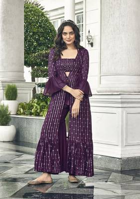 Wine Color sequin Embroidered Georgette Palazzo Salwar Suit Stitched 42 size  1