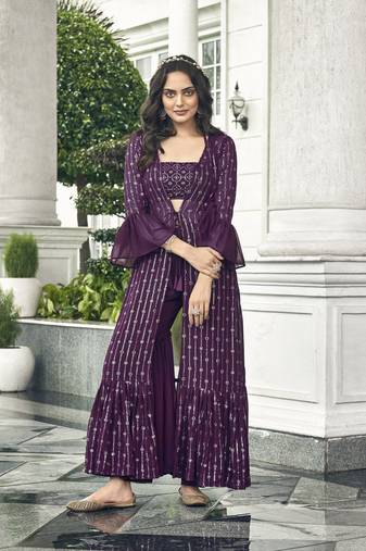 Wine Color Sequence Embroidered Georgette Palazzo Salwar Suit Stitched 42 size 