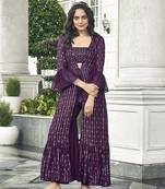 Wine Color Sequence Embroidered Georgette Palazzo Salwar Suit Stitched 42 size 