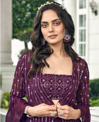 Wine Color sequin Embroidered Georgette Palazzo Salwar Suit Stitched 42 size  3