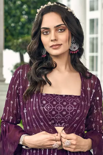 Wine Color sequin Embroidered Georgette Palazzo Salwar Suit Stitched 42 size 
