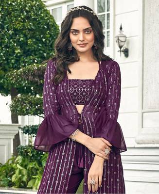Wine Color sequin Embroidered Georgette Palazzo Salwar Suit Stitched 42 size  4