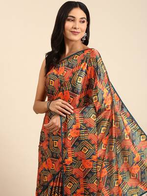  Kasee Women'S Blue & Orange Bandhani Satin Saree With Unstitched Blouse Piece 1