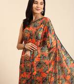  Kasee Women'S Blue & Orange Bandhani Satin Saree With Unstitched Blouse Piece