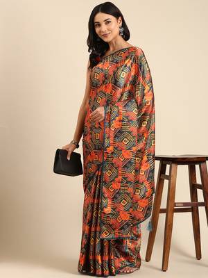  Kasee Women'S Blue & Orange Bandhani Satin Saree With Unstitched Blouse Piece 2