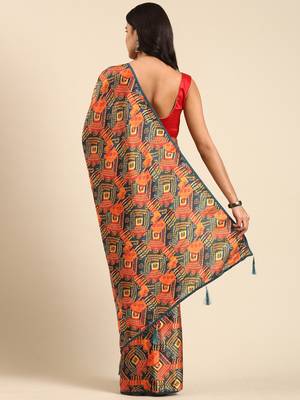  Kasee Women'S Blue & Orange Bandhani Satin Saree With Unstitched Blouse Piece 3