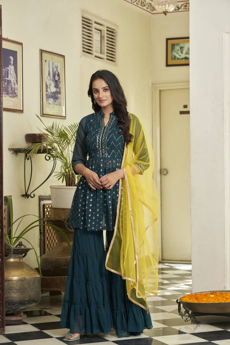 Green embroidered sequinned kurti with sharara and dupatta