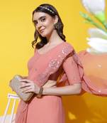 Kasee Women's Peach Ethnic Motifs Sequinned Embroidered Saree With Unstitched Blouse Piece