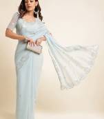 Sky Blue Embellished Sequin Poly Georgette Saree With Unstitched Blouse Piece