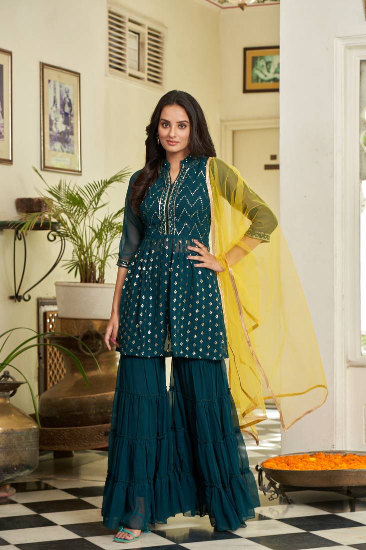 Green embroidered sequinned kurti with sharara and dupatta