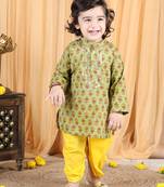 Kidcetra Kurta with contrast dhoti - Green and Yellow