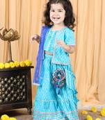 Kidcetra Lehenga with a jacket style choli and a contrast dupatta and a cute potli - Turquoise Blue