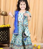 Kidcetra Lehenga with a jacket style choli and a contrast dupatta and a cute potli - white and Blue