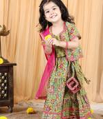 Kidcetra Lehenga with a jacket style choli and a contrast dupatta and a cute potli - Green