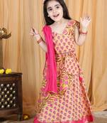 Kidcetra Overlap Lehenga with a crop top and a contrast dupatta and a cute potli - Peach and Pink