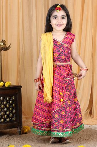 Kidcetra Overlap Lehenga with a crop top and a contrast dupatta and a cute potli - Dark Pink
