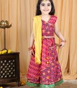 Kidcetra Overlap Lehenga with a crop top and a contrast dupatta and a cute potli - Dark Pink