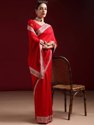 Kasee Women'S Cherry Embroidered Art Silk Saree With Unstitched Blouse Piece 2