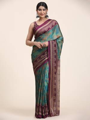  Kiira Turquoise   Printed  Chiffon Art Sik Saree 1