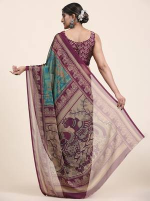  Kiira Turquoise   Printed  Chiffon Art Sik Saree 2