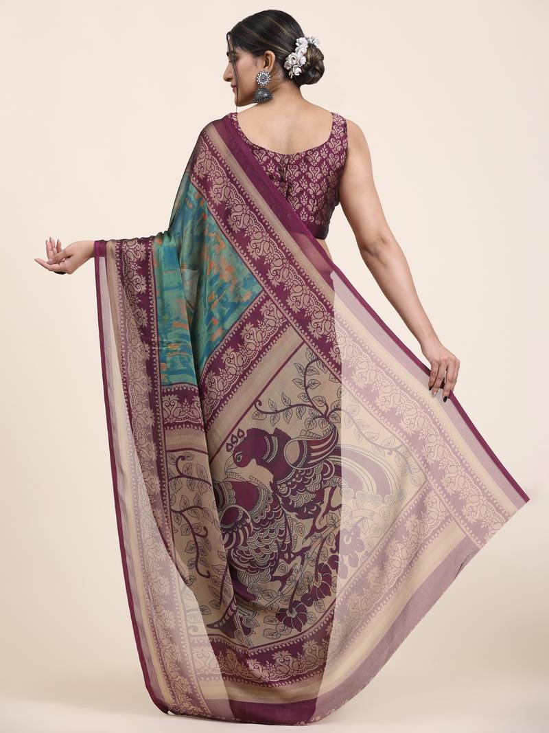  Kiira Turquoise   Printed  Chiffon Art Sik Saree