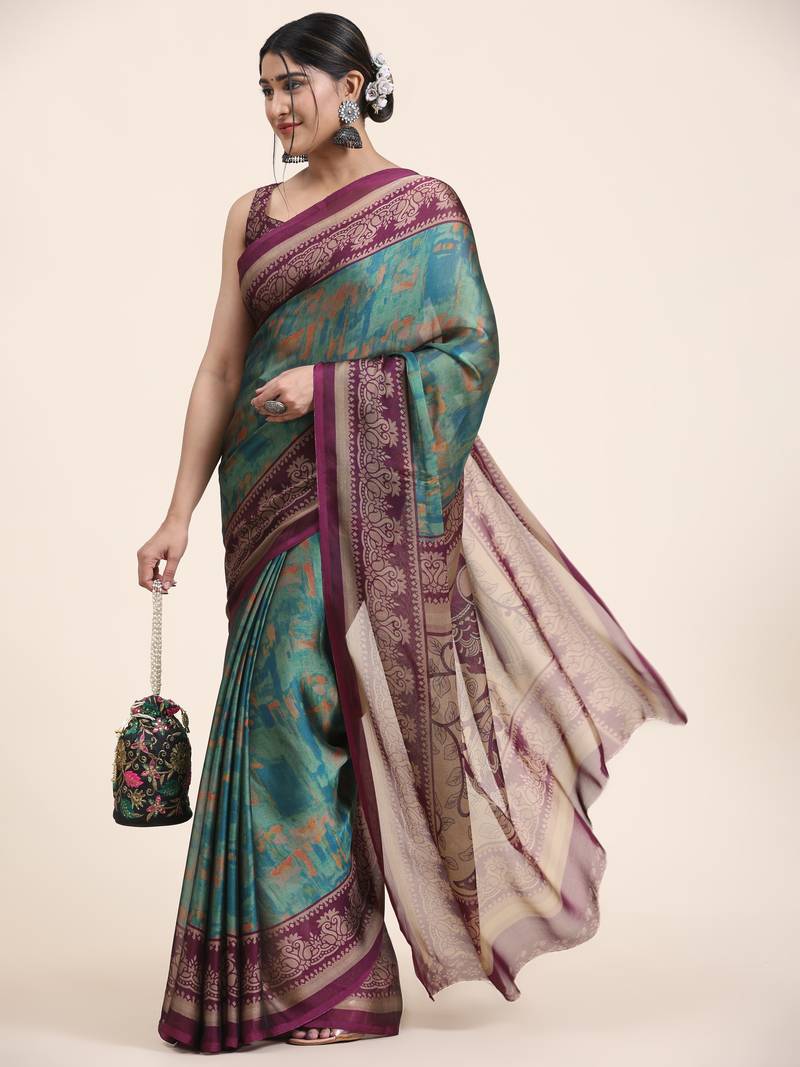  Kiira Turquoise   Printed  Chiffon Art Sik Saree