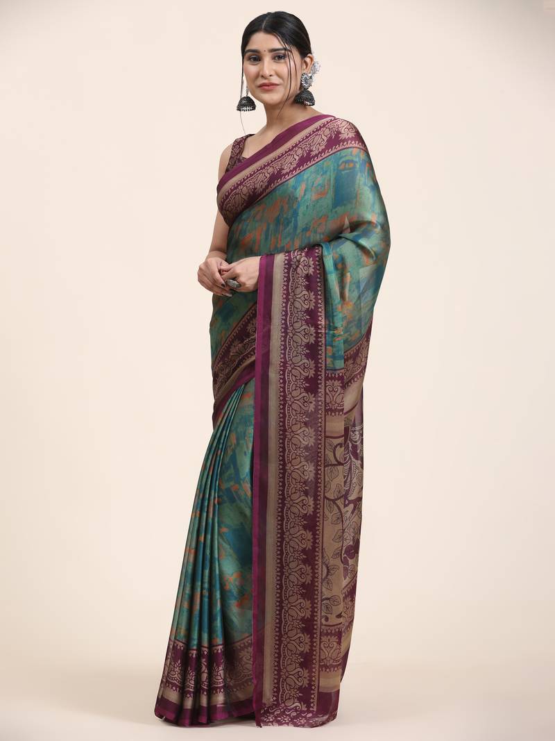  Kiira Turquoise   Printed  Chiffon Art Sik Saree