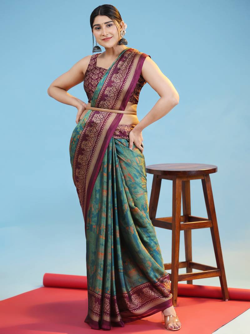  Kiira Turquoise   Printed  Chiffon Art Sik Saree