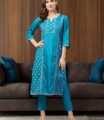 Blue printed art silk kurta set