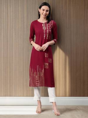 Maroon printed rayon kurtas-and-kurtis 1