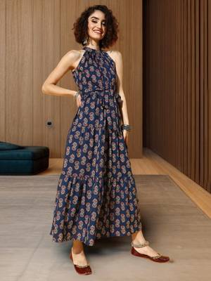 Blue printed cotton maxi-dresses 1
