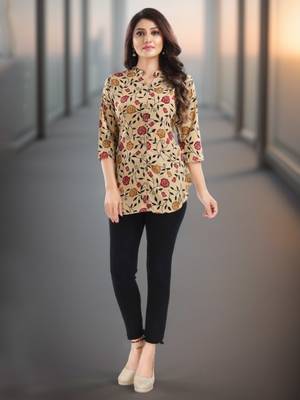 Beige printed crepe short-kurtis 1