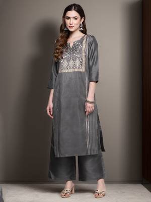 Grey printed art silk kurta sets 6