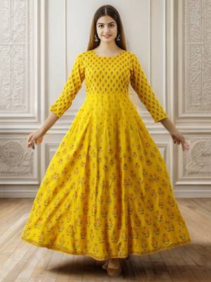Women's Yellow Rayon Anarkali Kurta 6