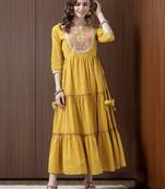 Mustard embroidered cotton long-dresses