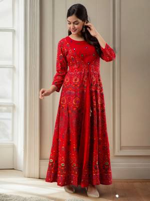 Women Paisley Frontslit Anarkali Kurta in Red 1