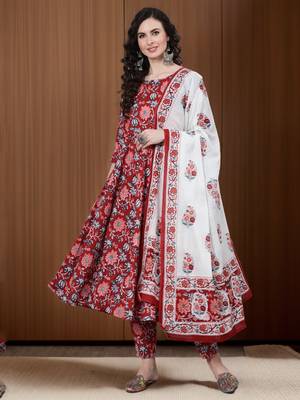 Red Printed Cotton Kurta Trouser With Dupatta Set 1