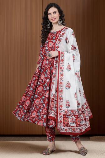 Red Printed Cotton Kurta Trouser With Dupatta Set