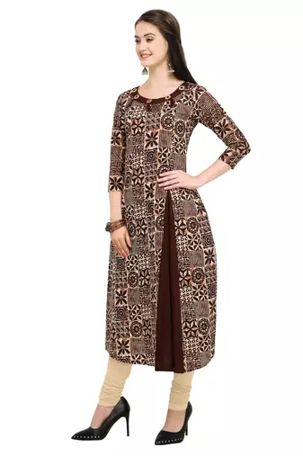 Coffee Cotton Printed  A-line Kurta pant