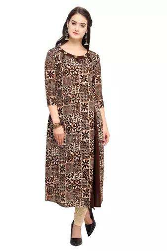 Coffee Cotton Printed  A-line Kurta pant