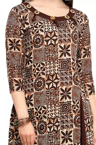 Coffee Cotton Printed  A-line Kurta pant