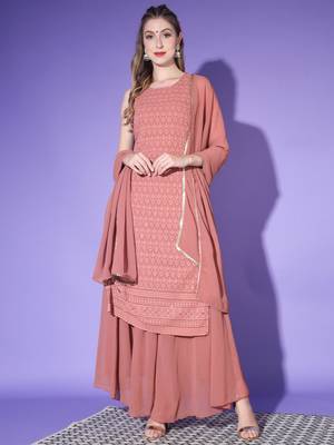 Rust Orange Embroidered Georgette  Kurta Palazzo and Dupatta Set 2