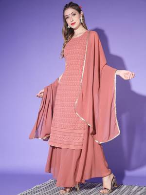 Rust Orange Embroidered Georgette  Kurta Palazzo and Dupatta Set 4