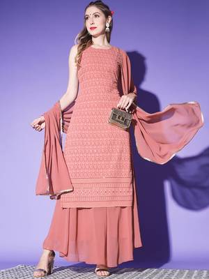 Rust Orange Embroidered Georgette  Kurta Palazzo and Dupatta Set 5