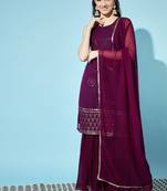 Wine Embroidered Georgette  Kurta pant and Sharara Set