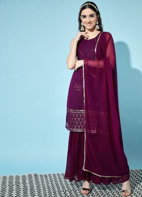 Wine Embroidered Georgette  Kurta pant and Sharara Set 2