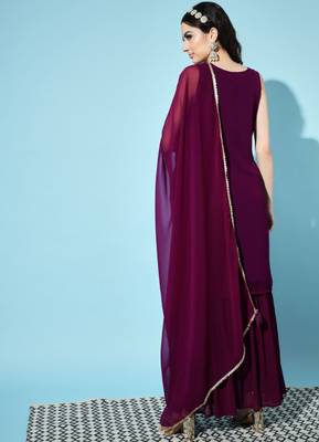 Wine Embroidered Georgette  Kurta pant and Sharara Set 3